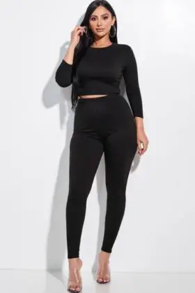 Solid smoked sleeved top and leggings CCwholesaleclothing